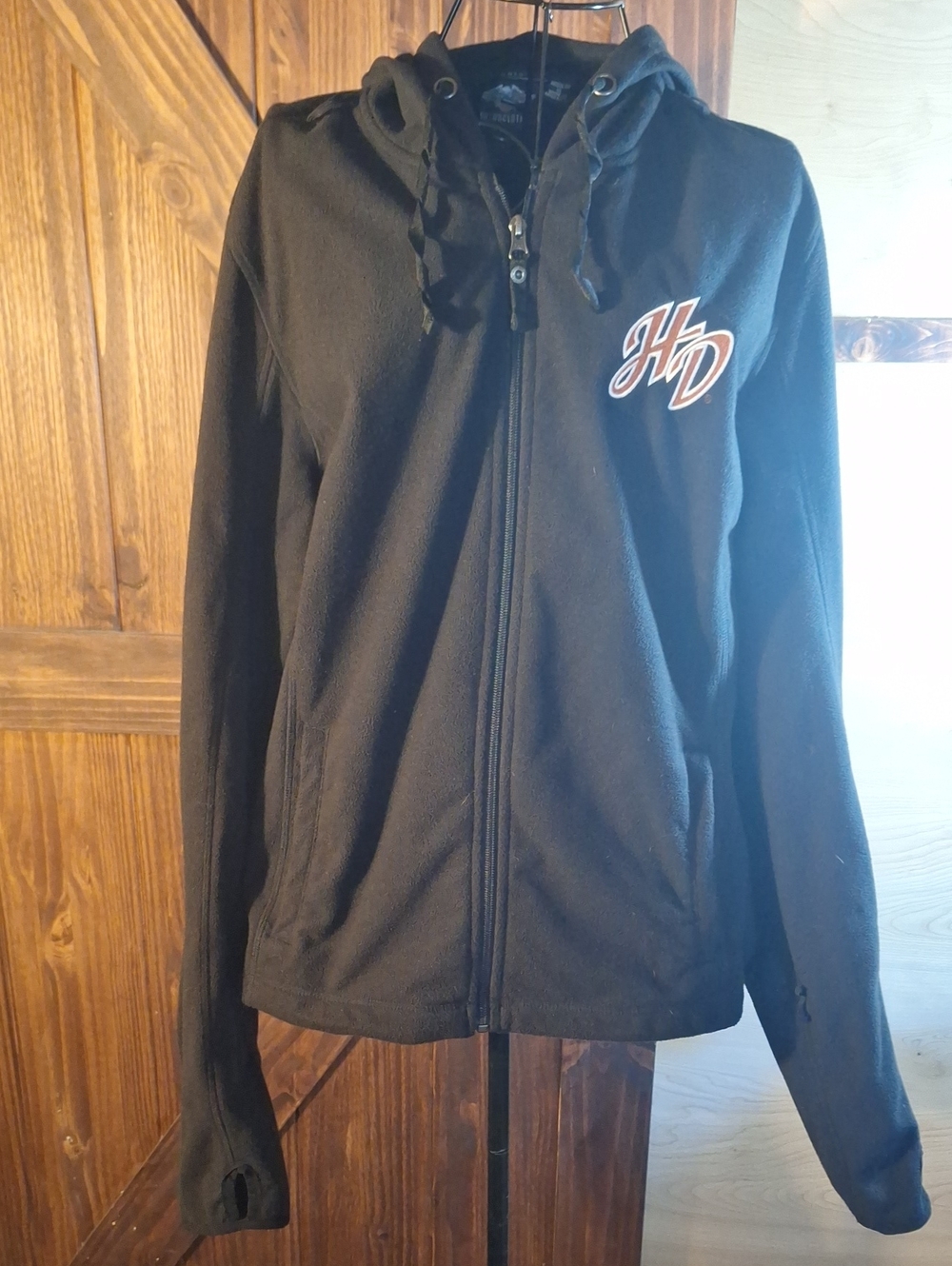 Harley Davidson Logo Black Jacket Zip Front with Hood and Thumbholes.